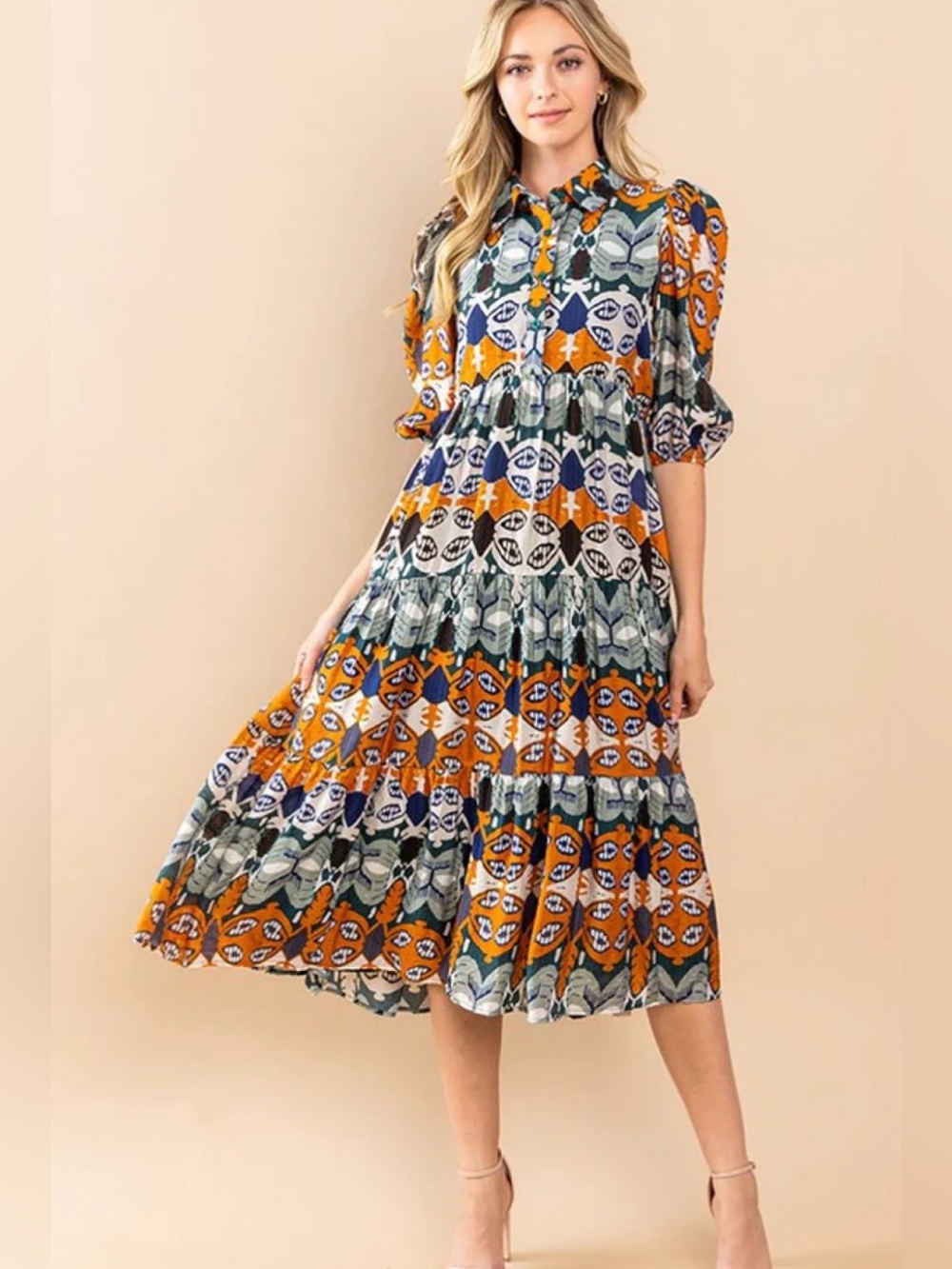 NEW TCEC Mustard & Olive Printed Tiered Maxi Dress M